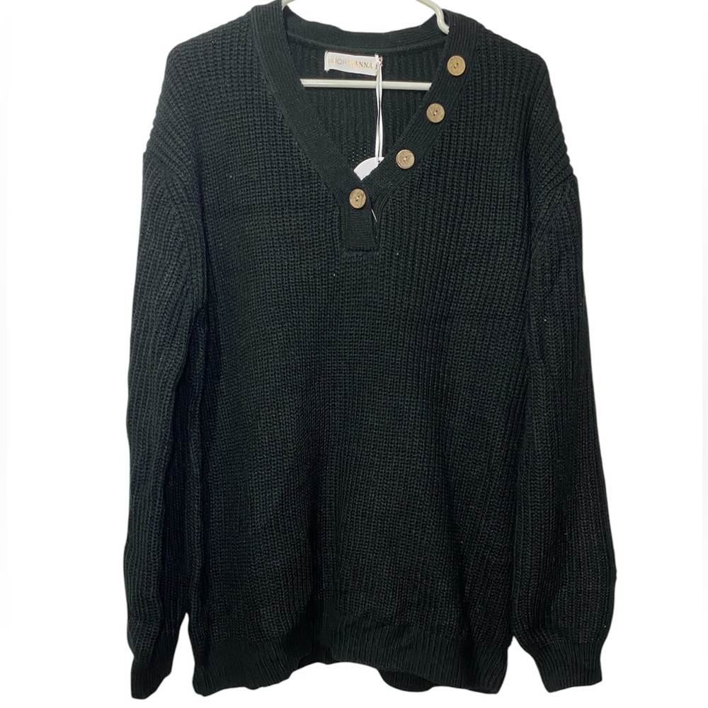 NEW SHOP WANNA B BLACK V NECK BUTTON KNIT SWEATER SIZE L